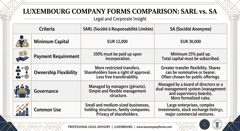 a clean legal comparison chart for Luxembourg company forms, comparing SARL and SA by minimum capital