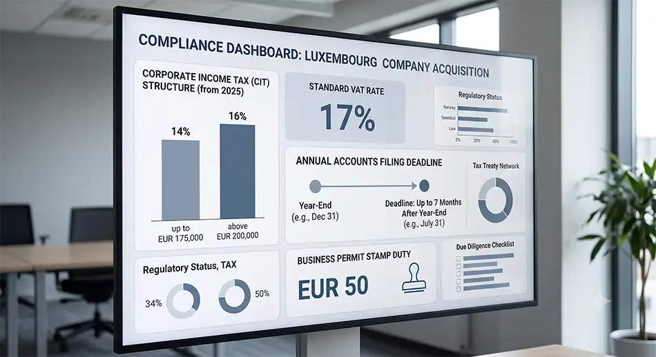 a precise compliance dashboard for a Luxembourg company acquisition showing corporate income tax 14% up to EUR 175,000 and 16% above EUR 200,000 from 2025, standard VAT 17%, annual accounts filing deadline up to 7 months after year-end, business permit stamp duty EUR 50