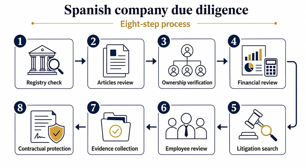 eight-step Spanish company due diligence process with icons for registry